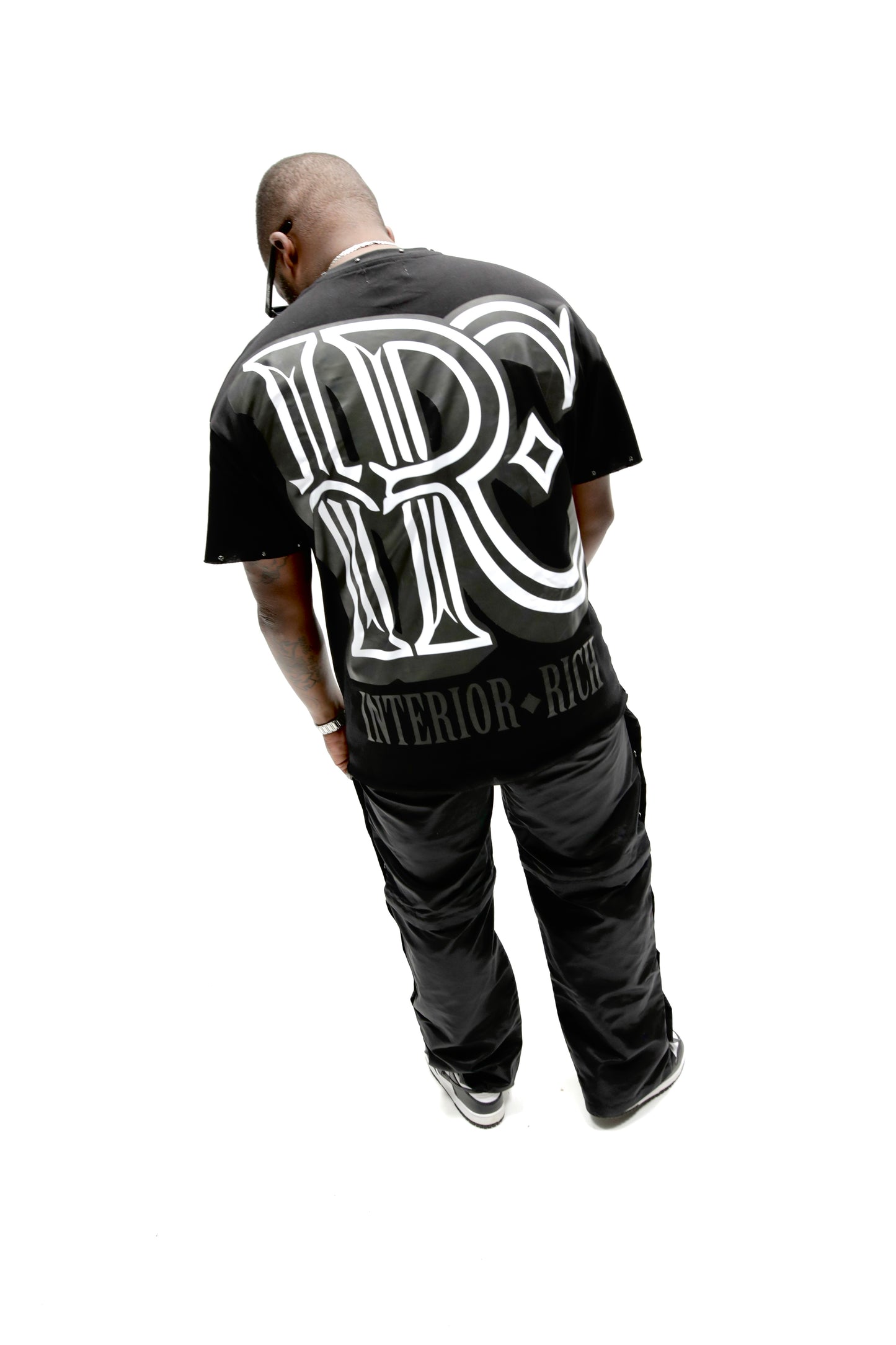 Interior Rich “Iconic IRC” Black Stone-Set Raw-Hem T-Shirt