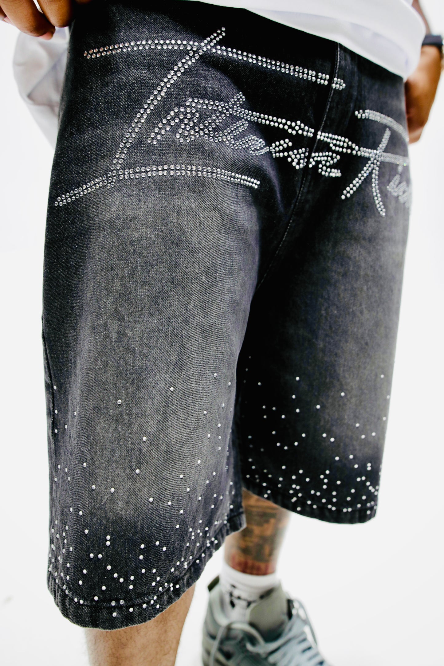 Interior Rich “Diamond Dust” Signature Stone-Washed Raw-Cut Denim Shorts