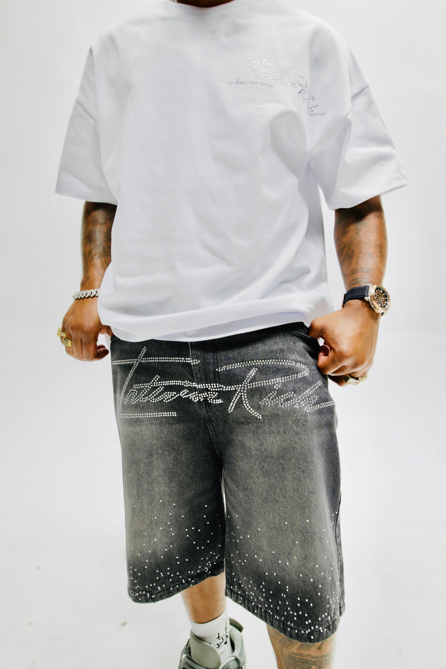 Interior Rich “Diamond Dust” Signature Stone-Washed Raw-Cut Denim Shorts