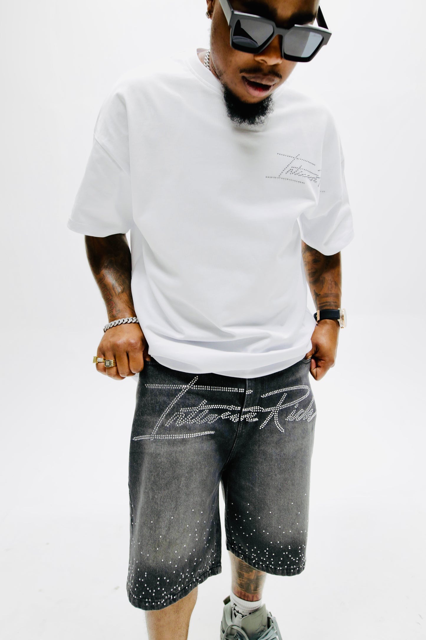Interior Rich “Diamond Dust” Signature Stone-Washed Raw-Cut Denim Shorts