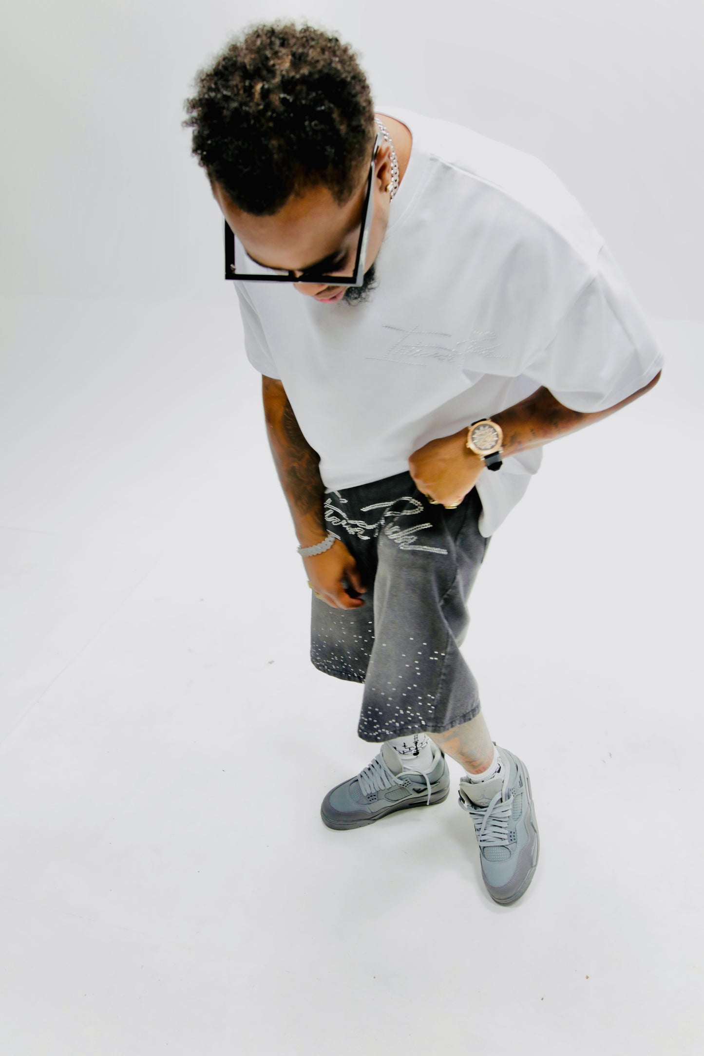 Interior Rich “Diamond Dust” Signature Stone-Washed Raw-Cut Denim Shorts