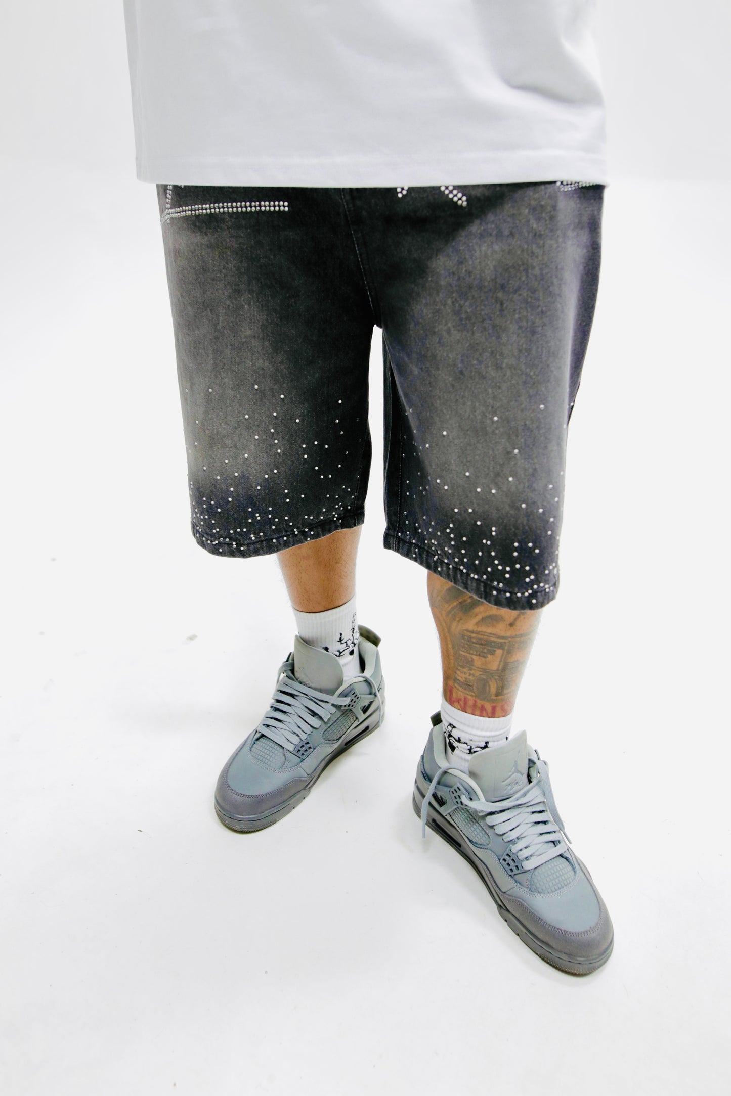 Interior Rich “Diamond Dust” Signature Stone-Washed Raw-Cut Denim Shorts