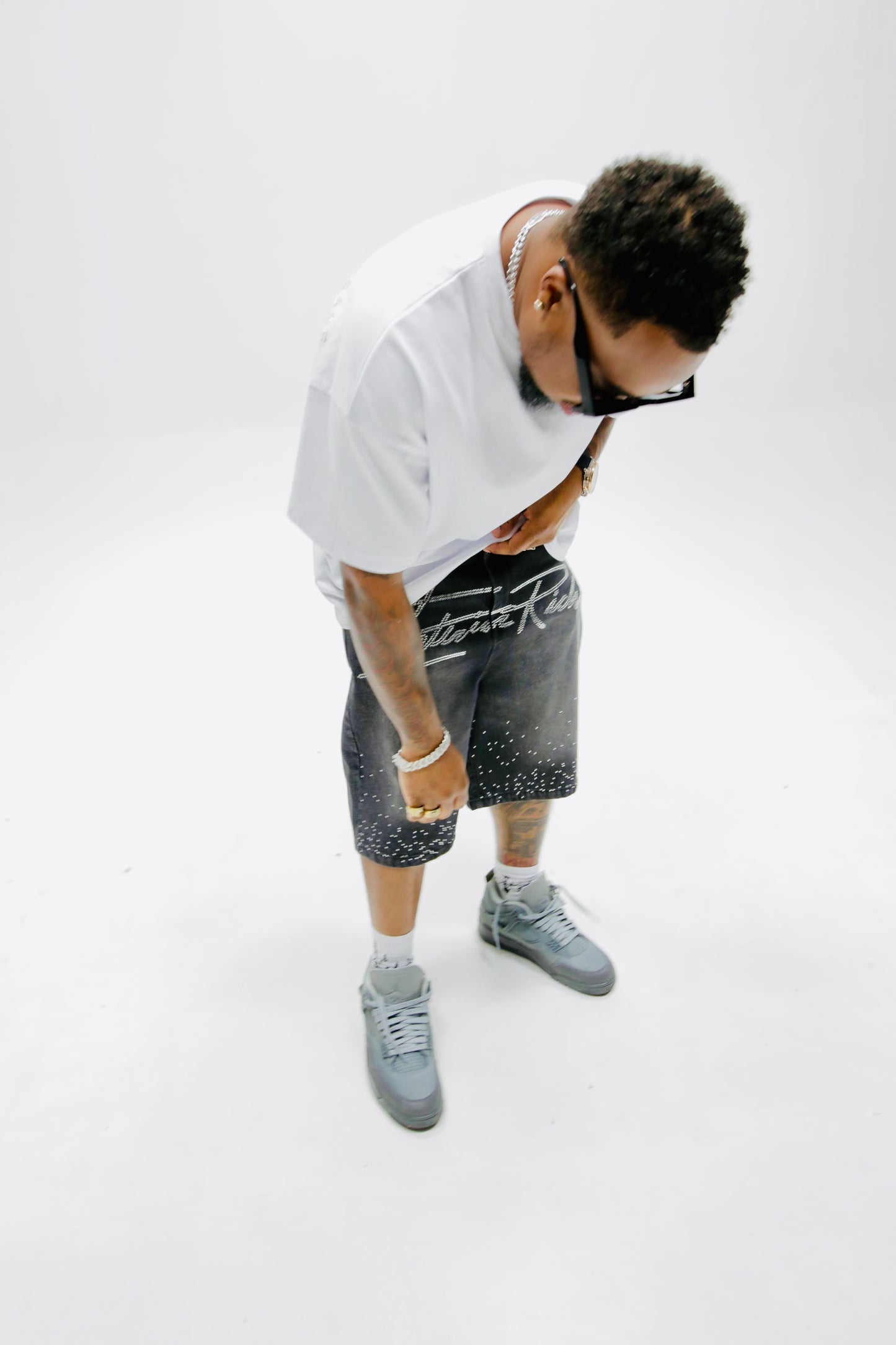 Interior Rich “Diamond Dust” Signature Stone-Washed Raw-Cut Denim Shorts