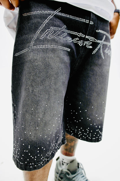 Interior Rich “Diamond Dust” Signature Stone-Washed Raw-Cut Denim Shorts