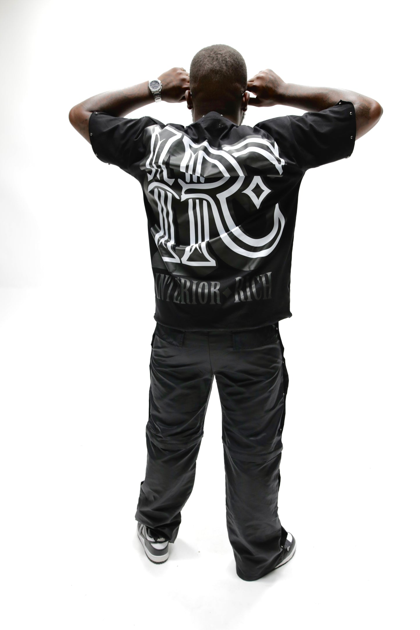 Interior Rich “Iconic IRC” Black Stone-Set Raw-Hem T-Shirt