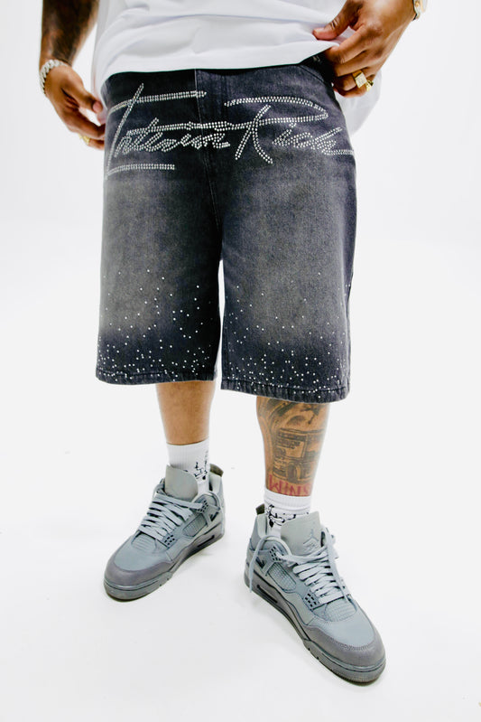 Interior Rich “Diamond Dust” Signature Stone-Washed Raw-Cut Denim Shorts