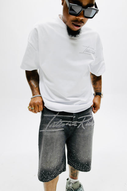 Interior Rich “Diamond Dust” Signature Stone-Washed Raw-Cut Denim Shorts