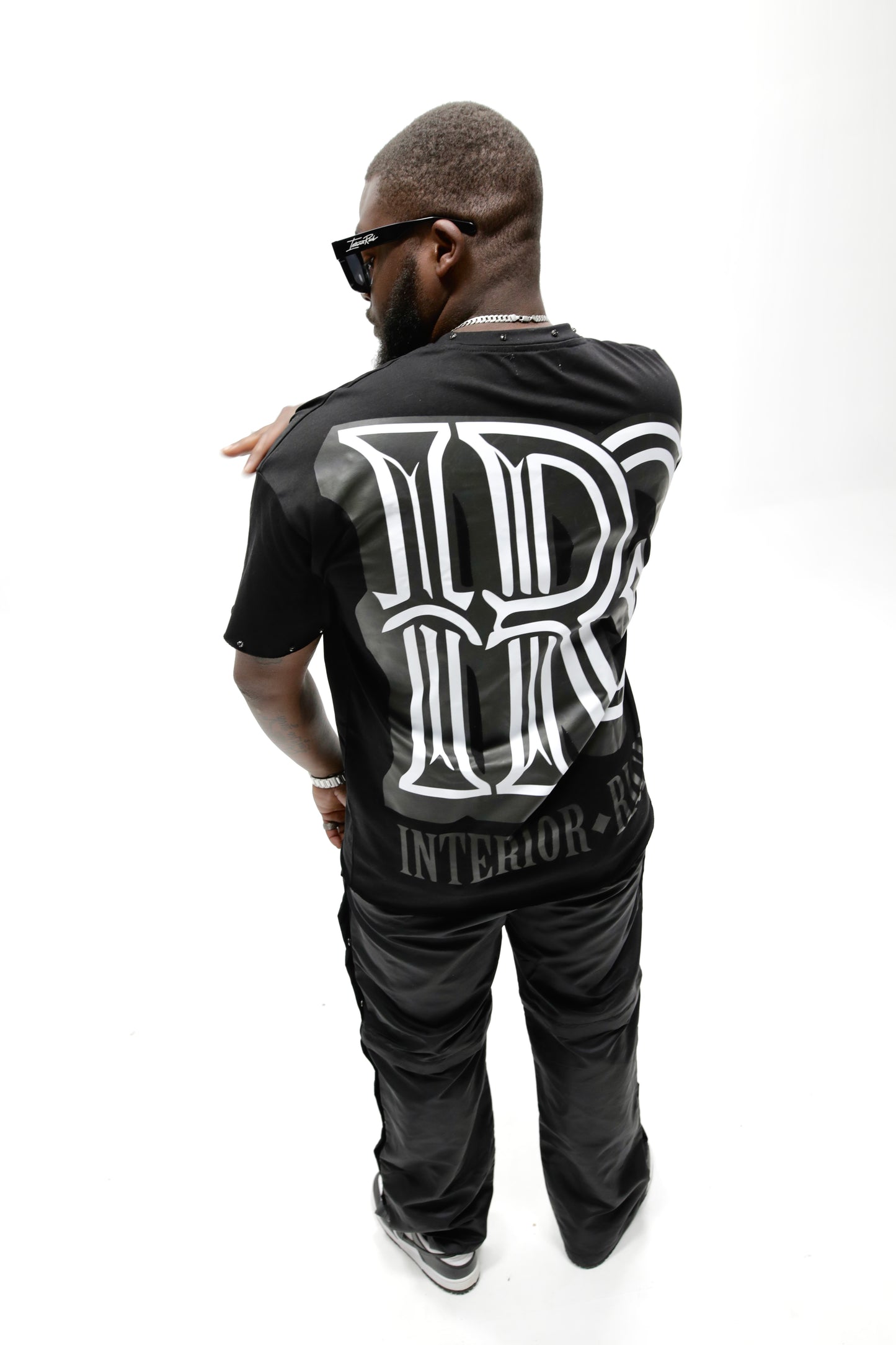 Interior Rich “Iconic IRC” Black Stone-Set Raw-Hem T-Shirt